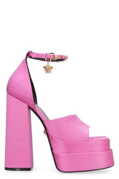 Versace Pink Satin Sandals With Rhinestones And Adjustable Ankle Strap For Women