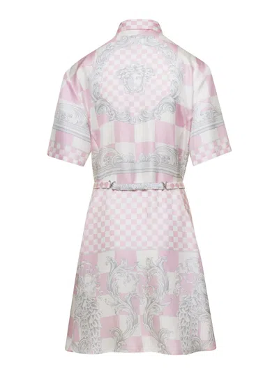 VERSACE VERSACE PINK SHIRT DRESS WITH ALL-OVER SIGNATURE BAROQUE PRINT IN SILK WOMAN