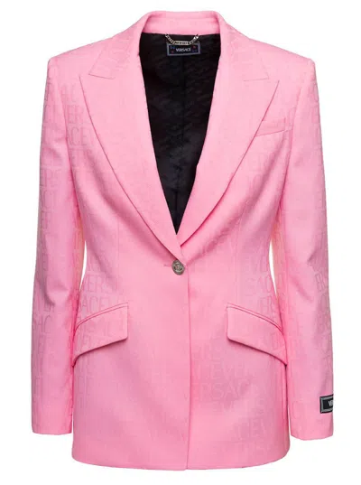 Versace Pink Single-breasted Jacket With All-over Tonal Logo Lettering Print
