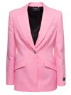 VERSACE PINK SINGLE-BREASTED JACKET WITH ALL-OVER TONAL LOGO LETTERING PRINT IN WOOL WOMAN