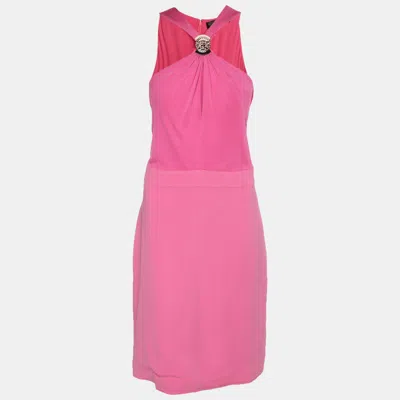 Versace Pink Stretch Crepe Halter Neck Midi Dress