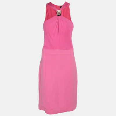 Pre-owned Versace Pink Stretch Crepe Halter Neck Midi Dress L