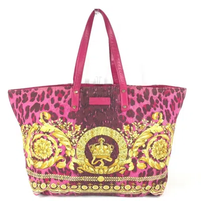Pre-owned Versace Pink Yellow Leather Canvas Shoulder Bag Tote Bag () In Pink, Yellow