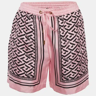 Pre-owned Versace Pink/black La Greca Print Silk Shorts S