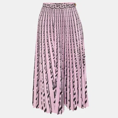Pre-owned Versace Pink/black Printed Silk Pleated Midi Skirt S