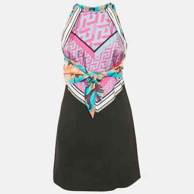 Pre-owned Versace Pink/black Silk And Crepe Mixed Media Halter Neck Mini Dress S