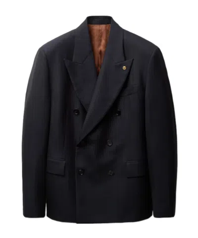 Versace Pinstripe Wool Boxy Blazer In Black