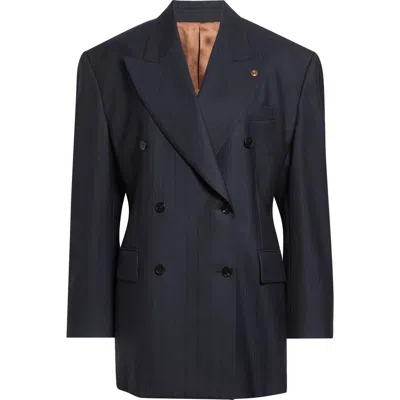 Versace Pinstripe Double Breasted Virgin Wool Blazer In Black
