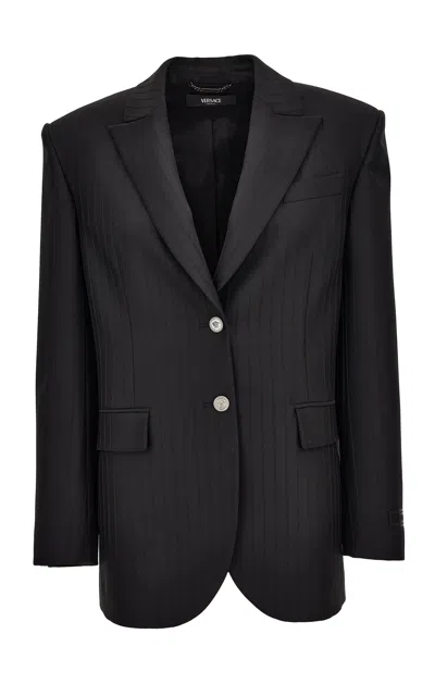 Versace Pinstripe Virgin-wool Blazer In Black