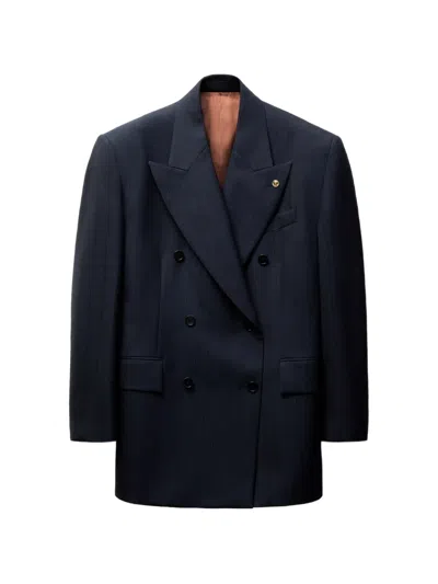 Versace Pinstripe Wool Blazer In Blue