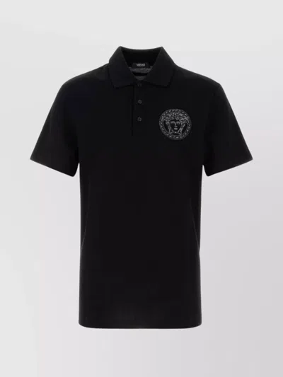 Versace Piquet Polo Shirt Collar Short Sleeves In Black