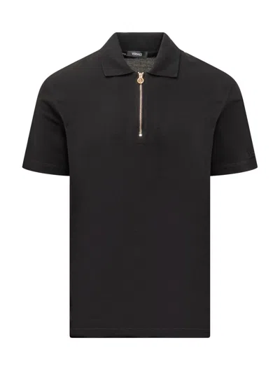 Versace Piquet Polo T-shirt In Black