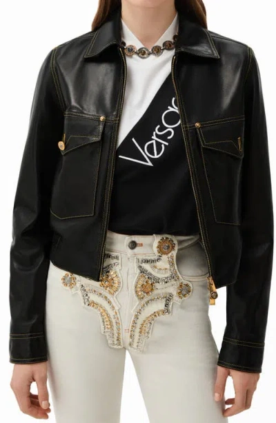 Versace Piuma Lambskin Leather Jacket In Black