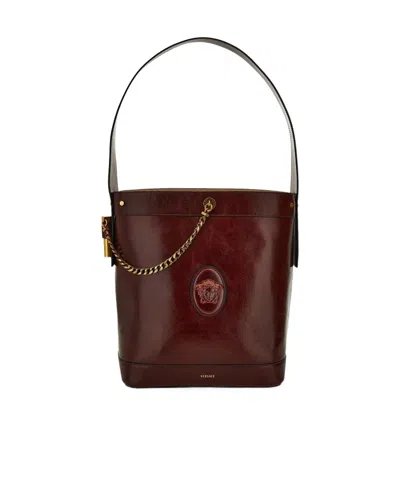Versace Pivot Large Leather Bucket Bag In Burgundy