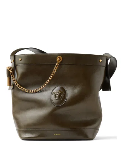 Versace Pivot Large Leather Bucket Bag In Green