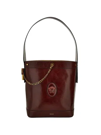 Versace Pivot Large Leather Bucket Bag In Burgundy