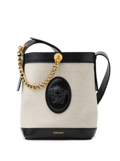 Versace Pivot Mini Canvas Bucket Bag In Neutral