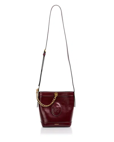 Versace Pivot Mini Leather Bucket Bag In Burgundy