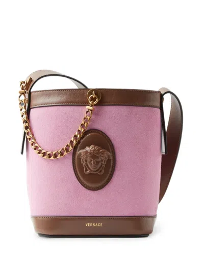 Versace Pivot Mini Suede Bucket Bag In Pink
