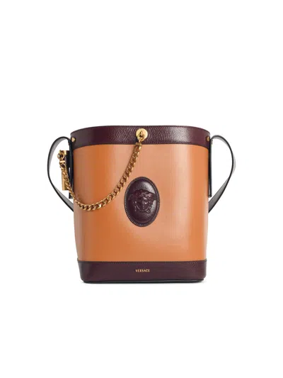 Versace Pivot Small Leather Bucket Bag In Brown