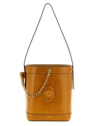 Versace Pivot Small Bucket Bag In Orange