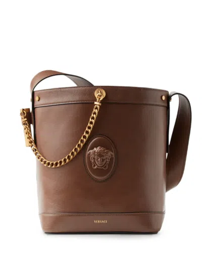 Versace Pivot Small Leather Bucket Bag In Brown