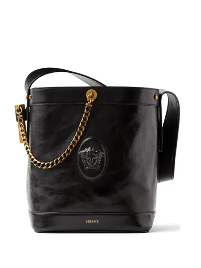 Versace Pivot Small Leather Bucket Bag In Black