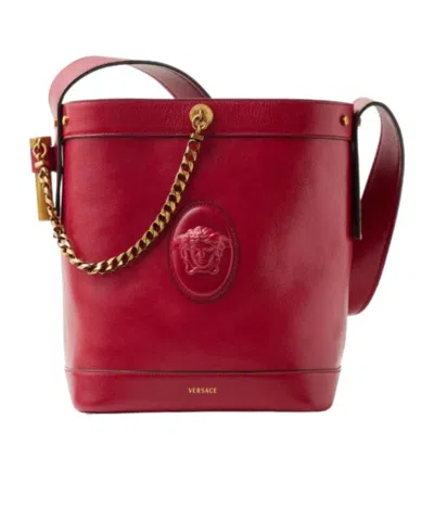 Versace Pivot Small Leather Bucket Bag In Red