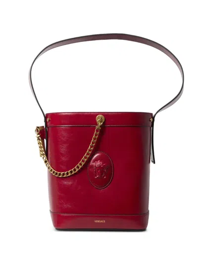 Versace Pivot Small Leather Bucket Bag In Red
