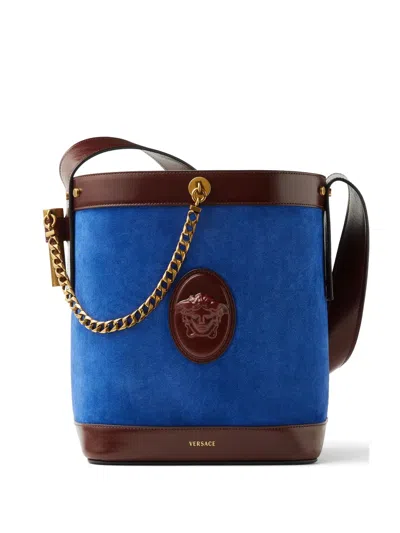 Versace Small Pivot Bucket Bag In Suede And Leather Blue