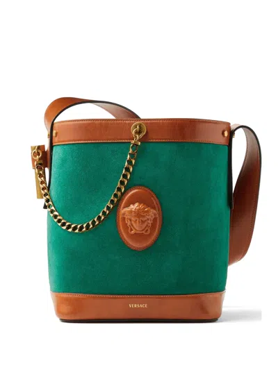 Versace Pivot Small Suede Bucket Bag In Green