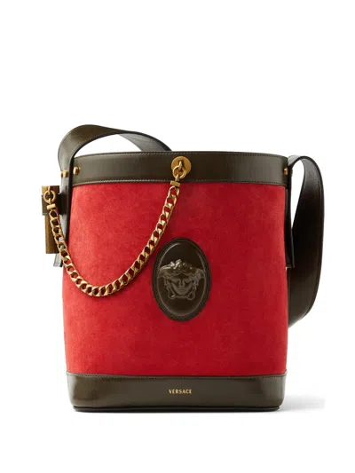 Versace Pivot Small Suede Bucket Bag In Orange