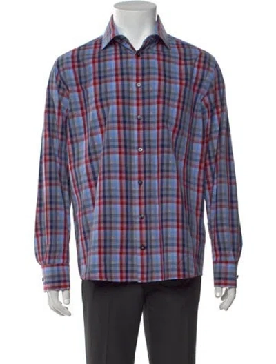 Pre-owned Versace Plaid Print Long Sleeve Dress Shirt In Blue