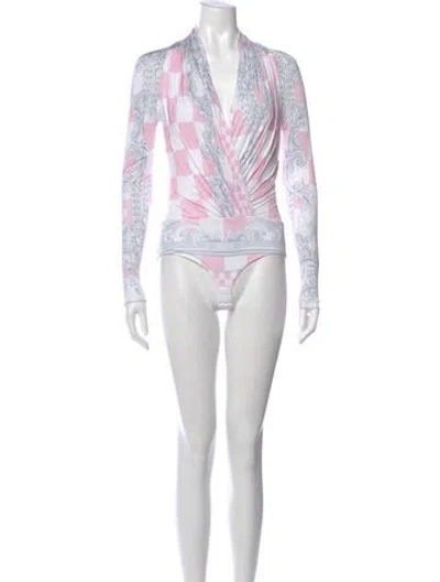 Pre-owned Versace Plaid Print V-neck Bodysuit In White
