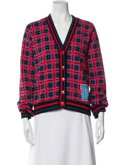 Pre-owned Versace Plaid Print V-neck Sweater In Red