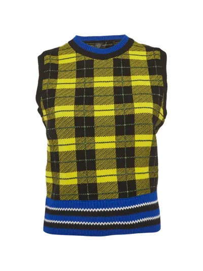 Pre-owned Versace Plaid-pattern Knit Wool Vest In Yellow