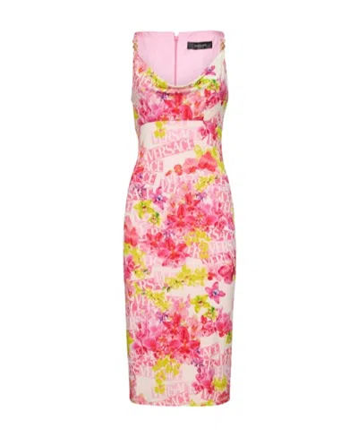 Versace Draped Printed Stretch-jersey Midi Dress In Pink