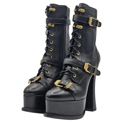 Pre-owned Versace Platform Ankle Booties Nappa Leather In Black