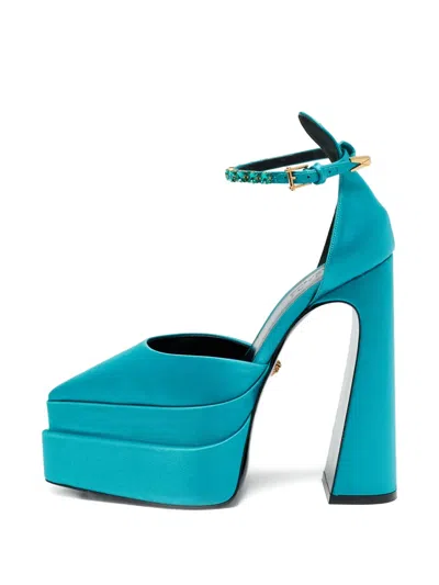 Pre-owned Versace Platform Crystal Pumps In Blue