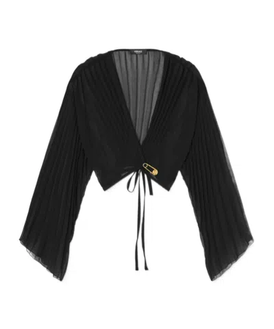 VERSACE VERSACE V-NECK PLEATED CROPPED BLOUSE
