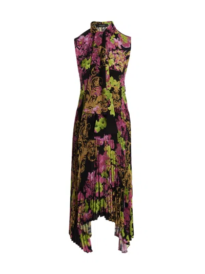 VERSACE PLEATED FLORAL PRINT SLEEVELESS DRESS