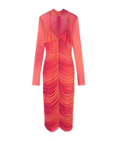 Versace Pleated High-neck Dress In Red