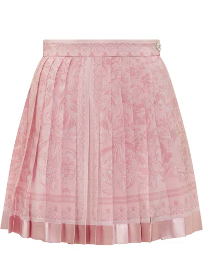 Versace Pleated Silk Miniskirt With Baroque Print In Pale Pink