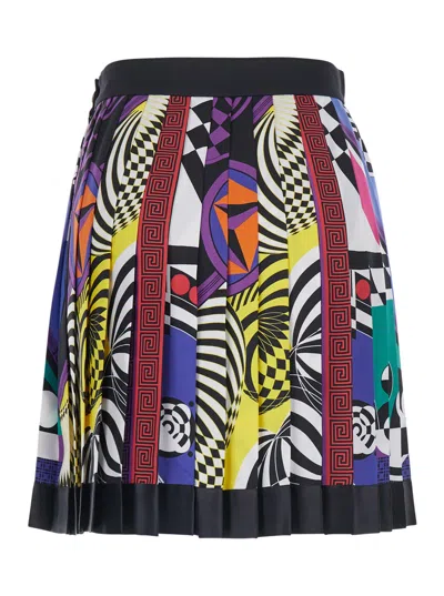 Versace Pleated Silk Skirt With All-over Print And High Waist In Multi