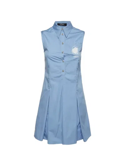 Pre-owned Versace Pleated Sleeveless Dress In Blue