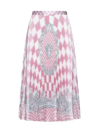 Versace Pleated Straight Hem Midi Skirt In Pastel Pink,white,silver