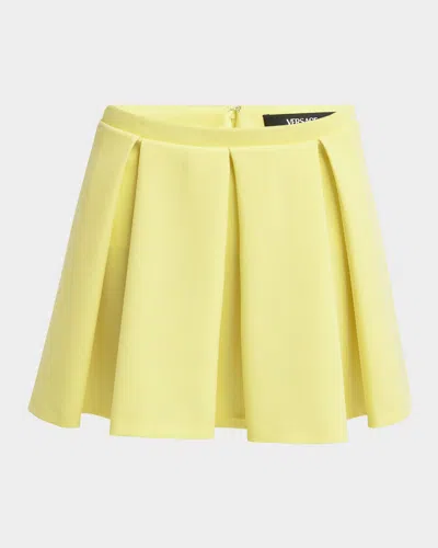 Versace Pleated Wool Grain De Poudre Mini Skirt In Pale Yellow
