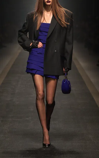 Versace Pleated Wool Mini Dress In Blue