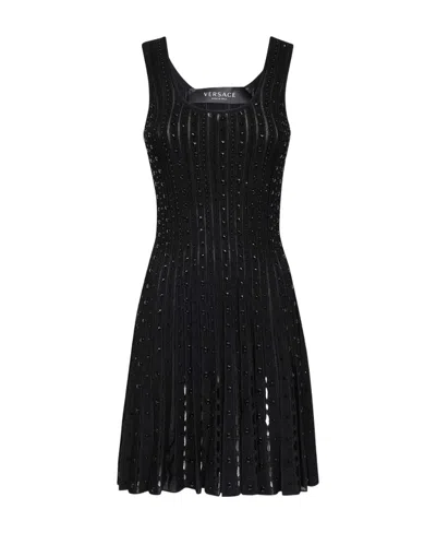 Versace Plissé-knit Sleeveless Minidress In Black
