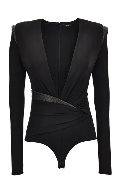 Versace Plunging Stretch-crepe Jersey Bodysuit In Black